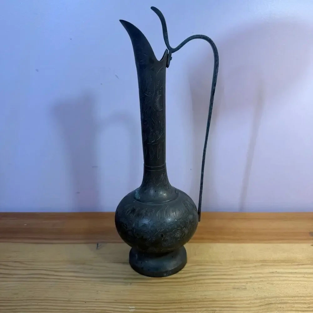 Vintage India Art World Brass Ewer Pitcher Engraved Floral 10